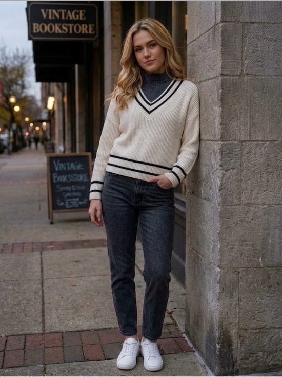Mango Sweaters - Mango- Classic V-Neck Contrast-Trim Sweater - Cream